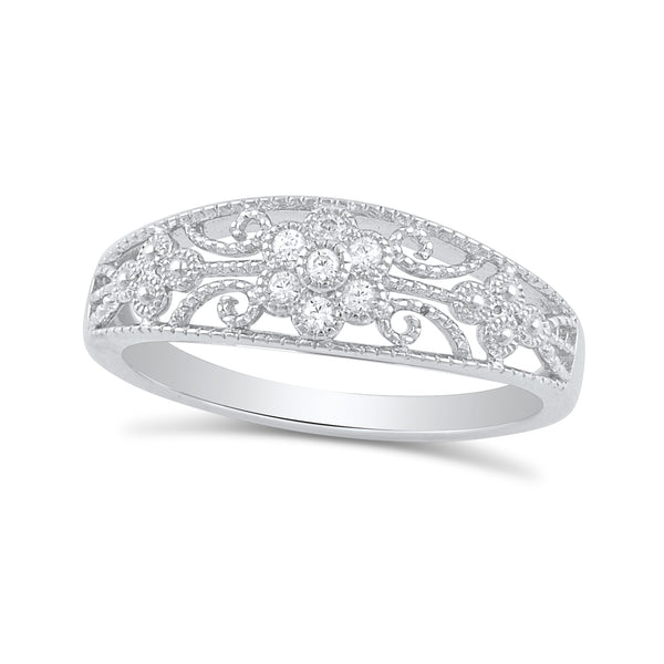 Sterling Silver Cz Thin Filigree Victorian Flower Ring 2mm - (Size 4-11)