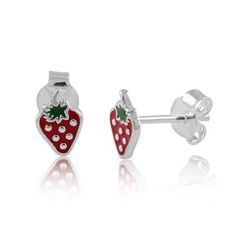 Sterling Silver GIrls Dainty Red Strawberry Fruit Stud Earrings