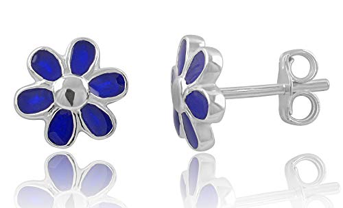 Sterling Silver Girls Dainty Blue Daisy Flower Stud Earrings