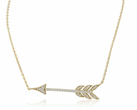 Yellow Gold Tone Sterling Silver Cz Sideways Arrow Necklace 18"