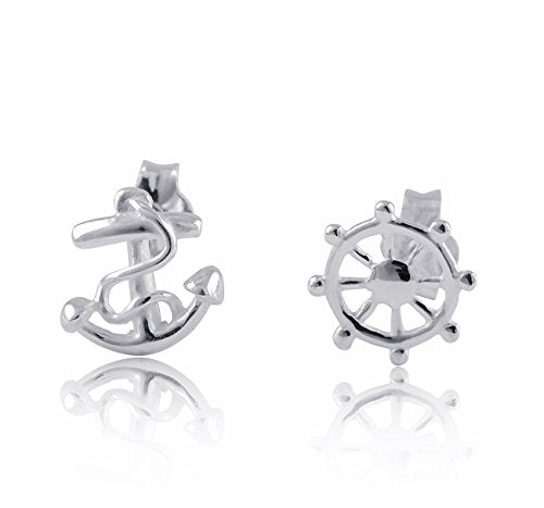 Sterling Silver Girls Mismatch Anchor & Wheel Stud Earrings