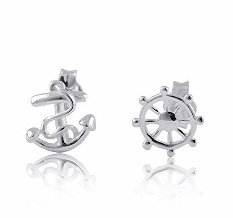 Sterling Silver Mismatch Anchor & Wheel Stud Earrings