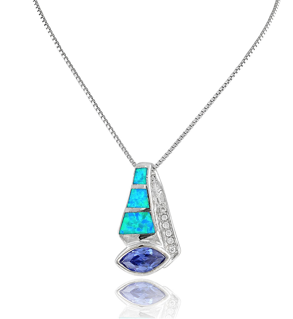 Sterling Silver Created Blue Opal Cz Drop Necklace