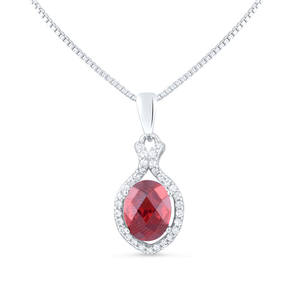 Sterling Silver Red CZ Oval Drop Necklace