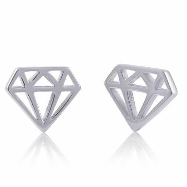 Rhodium Plated Sterling Silver Womens Dainty Diamond Shaped Push Back Stud Earrings - 7mm