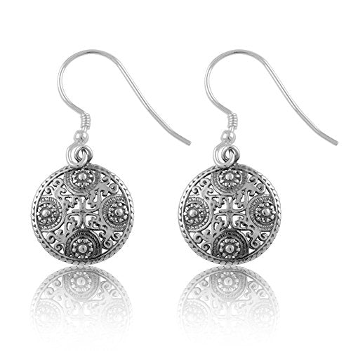 Sterling Silver Girls Big Round Oxidized BoHo Filigree Drop Earrings