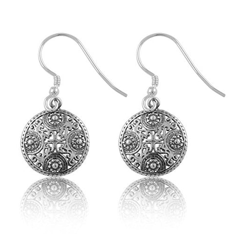Sterling Silver Girls Big Round Oxidized BoHo Filigree Drop Earrings
