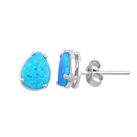 Sterling Silver Blue Created Opal Pear Stud Earrings - 9mm