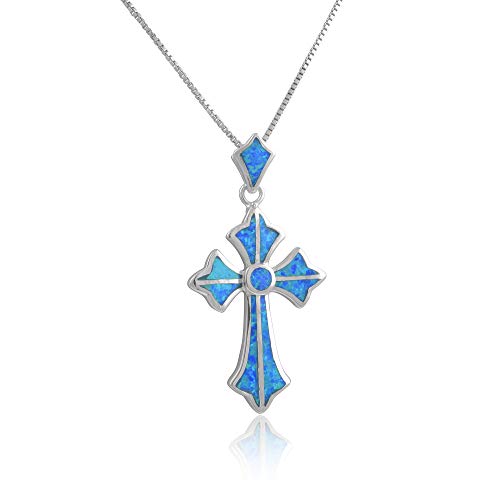 Sterling Silver Created Blue Opal Cross Necklace (18" Chain Included)