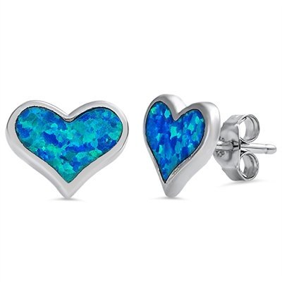 Sterling Silver Created Blue Opal Heart Stud Earrings - 10mm