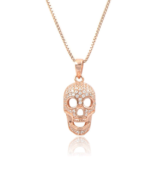 Rose Gold Tone Sterling Silver Cz Skull Charm Necklace 18"