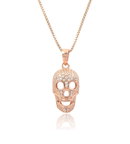 Rose Gold Tone Sterling Silver Cz Skull Charm Necklace 18"