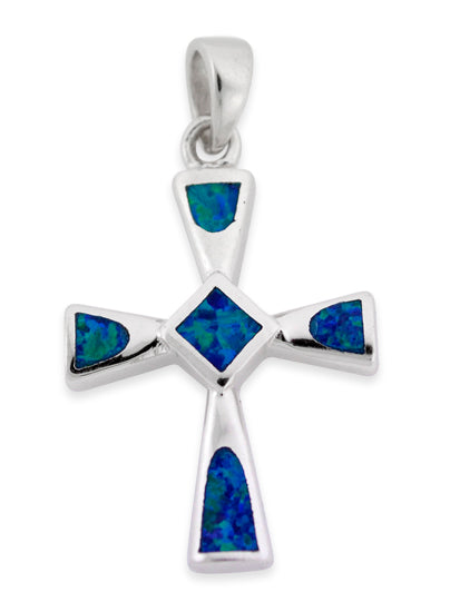 Sterling Silver Created Blue Opal Cross Necklace - 0.9 in/23mm