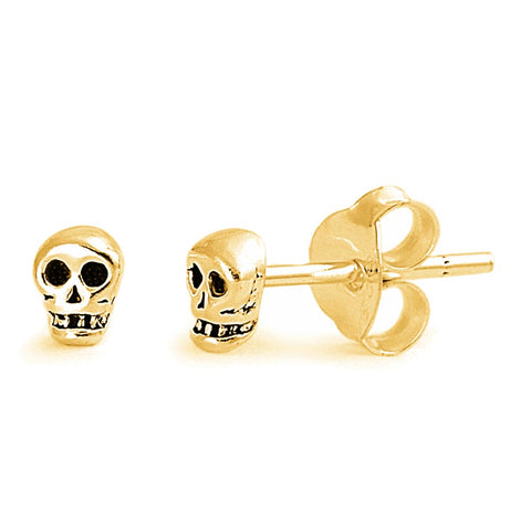 Yellow Gold Tone Silver Tiny Skull Stud Earrings - 4mm