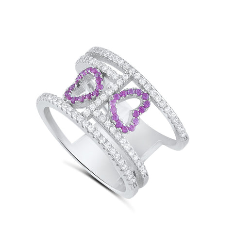 Sterling Silver Cz Double Heart Statement Ring - SilverCloseOut - 1