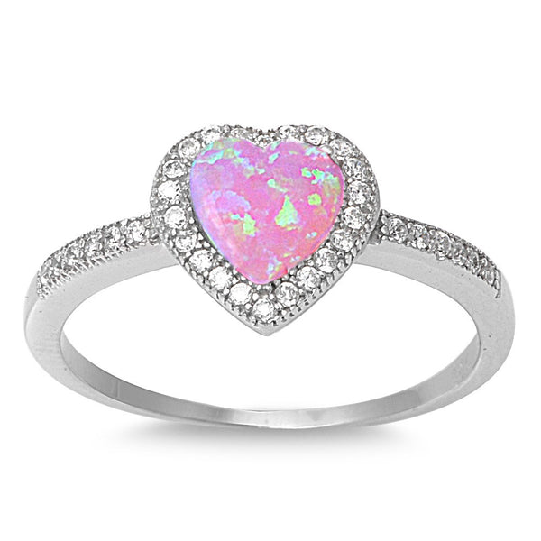Sterling Silver Micro Pave Halo Created Pink Opal Heart Ring - SilverCloseOut - 1
