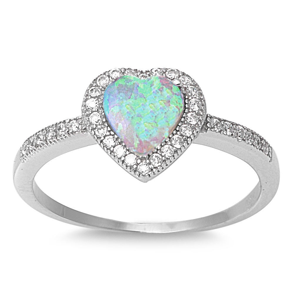 Sterling Silver Micro Pave Halo Created White Opal Heart Ring - SilverCloseOut - 1