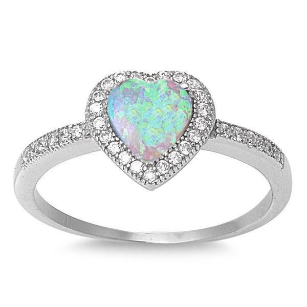 Sterling Silver Micro Pave Halo Created White Opal Heart Ring - SilverCloseOut - 1