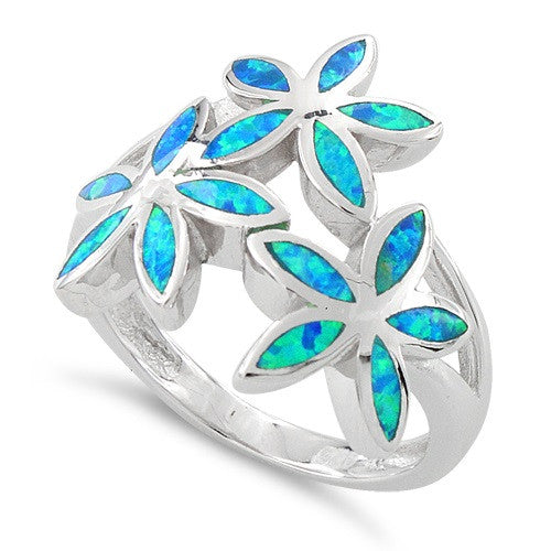Sterling Silver Created Blue Opal Daisy Flower Ring - SilverCloseOut - 1