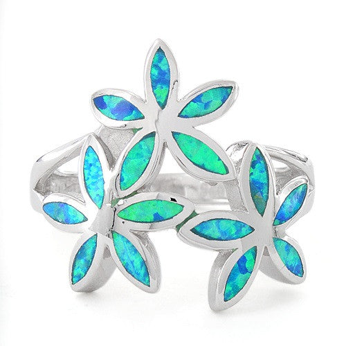 Sterling Silver Created Blue Opal Daisy Flower Ring - SilverCloseOut - 3