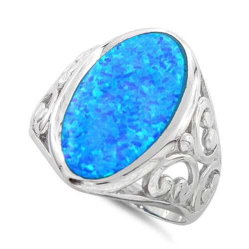 Sterling Silver Oval Created Blue Opal Cocktail Ring - SilverCloseOut - 1
