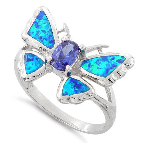 Sterling Silver Created Blue Opal Butterfly Ring - SilverCloseOut - 1