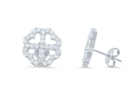 Sterling Silver Cz Clover Hearts Stud Earrings - SilverCloseOut - 1