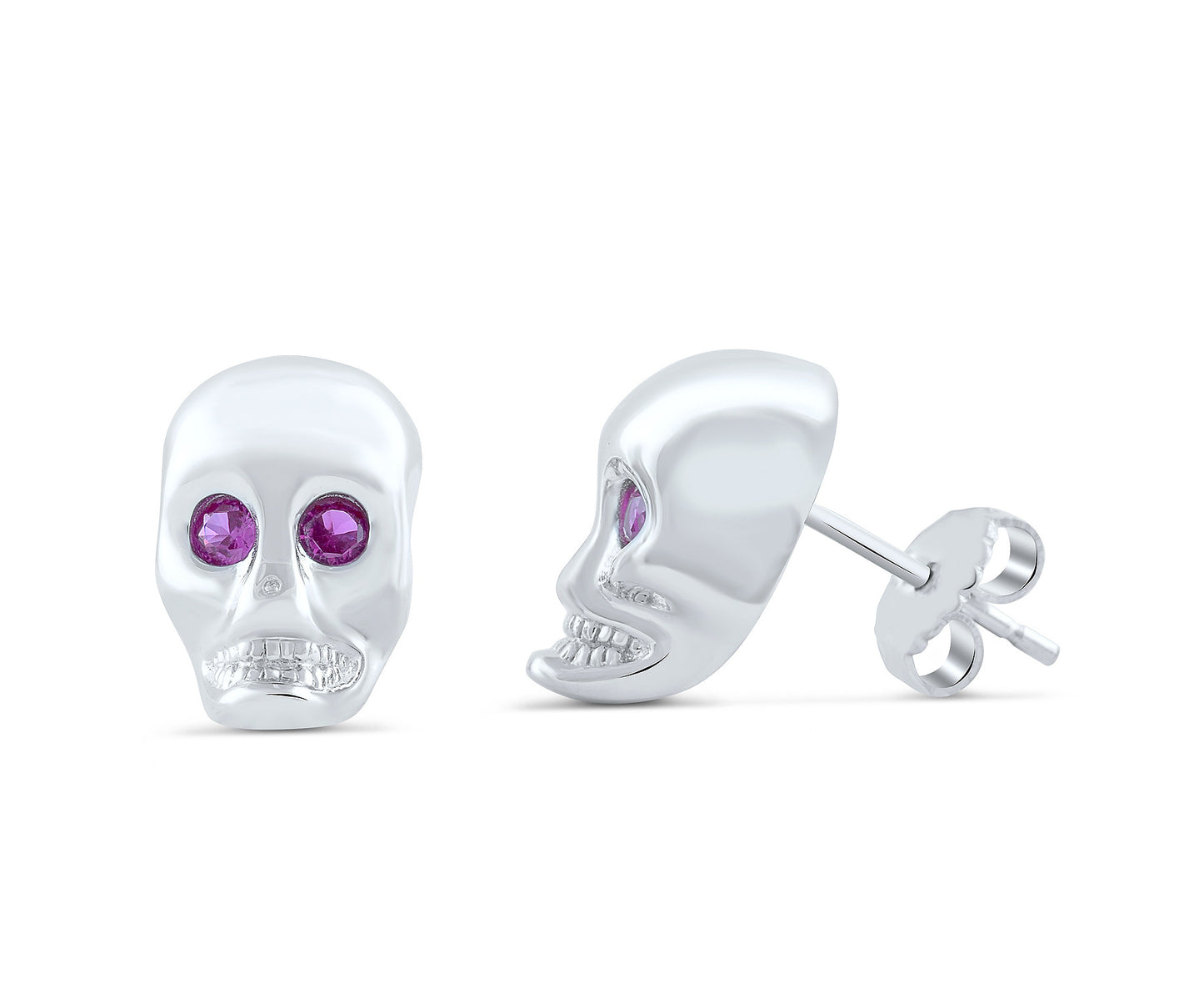 Sterling Silver Red Cz Skull Stud Earrings - SilverCloseOut - 1