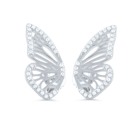 Sterling Silver Cz Half Butterfly Stud Earrings - SilverCloseOut - 1