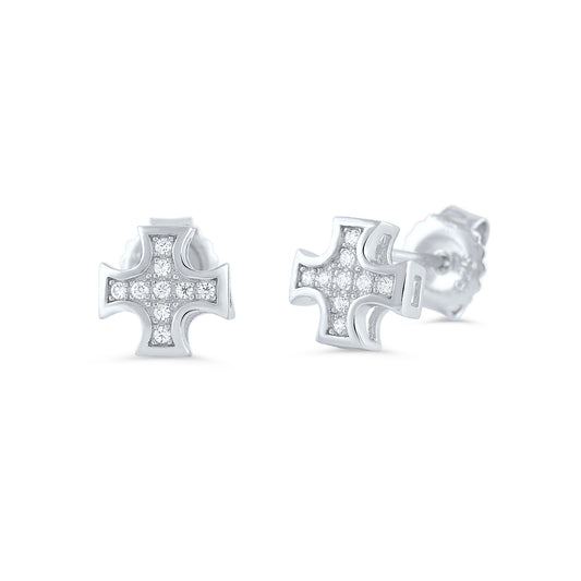 Sterling Silver Cz Iron Cross Stud Earrings - SilverCloseOut - 1