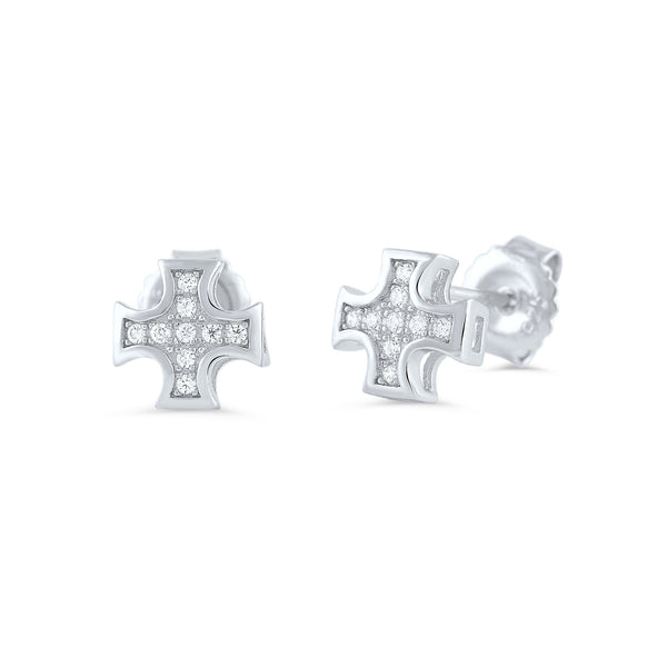 Sterling Silver Cz Iron Cross Stud Earrings - SilverCloseOut - 1