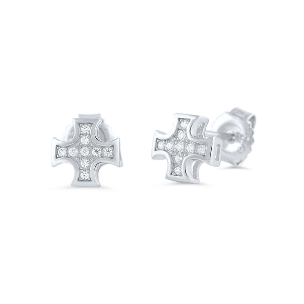 Sterling Silver Cz Iron Cross Stud Earrings - SilverCloseOut - 1
