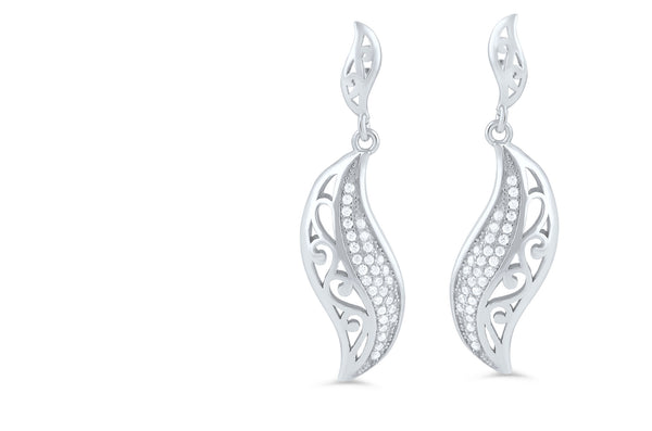 Sterling Silver Cz Abstract Leaf Dangle Earrings - 7mm - SilverCloseOut - 1