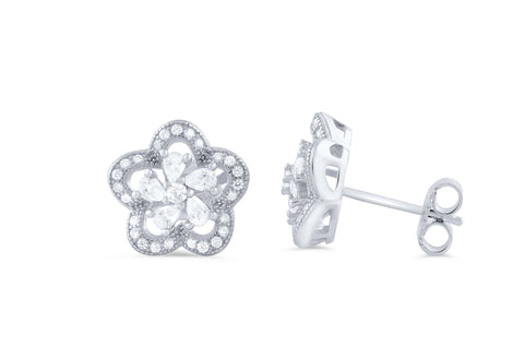 Sterling Silver Cz Halo Flower Stud Earrings - SilverCloseOut - 1