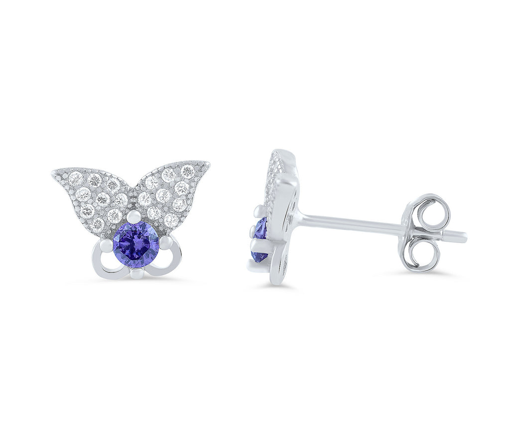 Sterling Silver Purple Cz Butterfly Stud Earrings - SilverCloseOut - 1