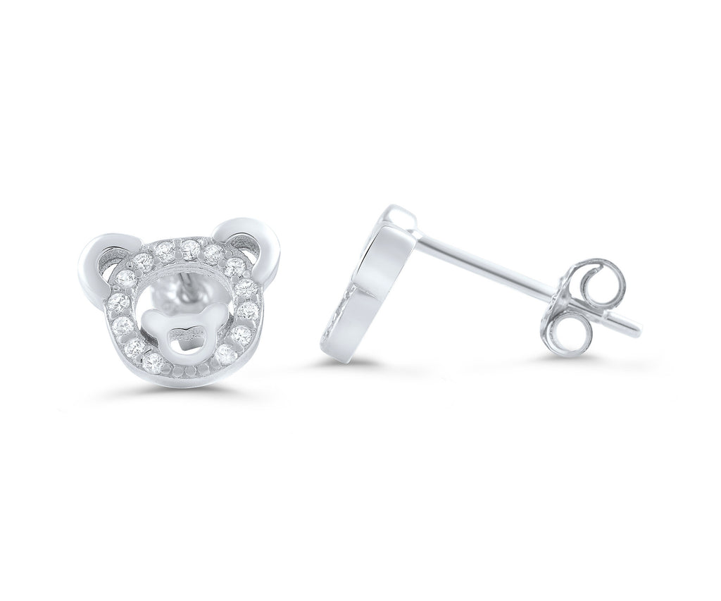 Sterling Silver Cz Teddy Bear Stud Earrings - SilverCloseOut - 1