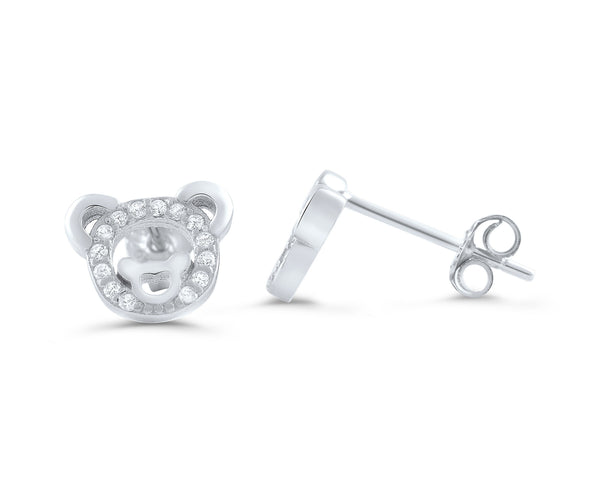Sterling Silver Cz Teddy Bear Stud Earrings - SilverCloseOut - 1