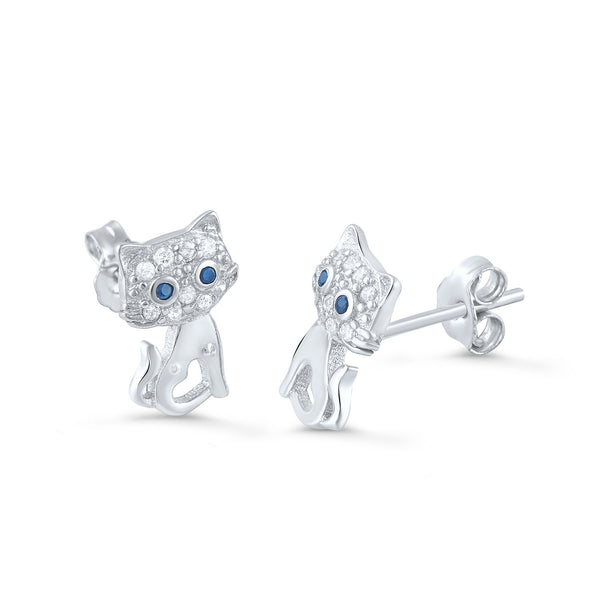 Sterling Silver Cz Cat Stud Earrings - SilverCloseOut - 1