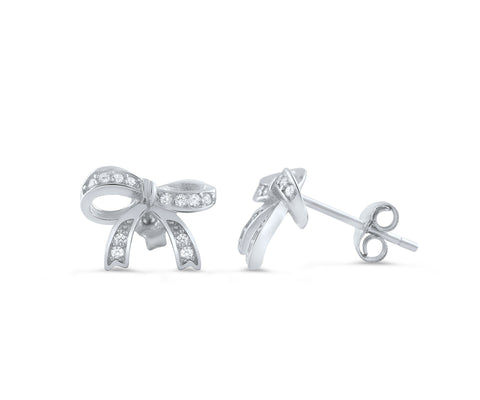Sterling Silver Cz Ribbon Bow Stud Earrings - SilverCloseOut - 1