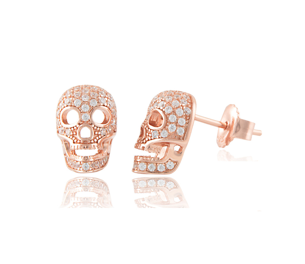 Rose Gold Plated Sterling Silver Womens Cz Bling Sugar Skull Womens Stud Earrings - Halloween Gifts for Mom Wife Girlfriend - 11mm