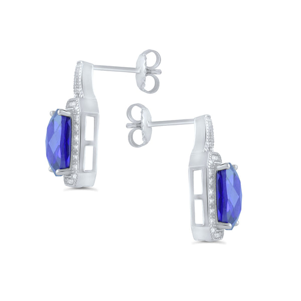 White Gold Over Sterling Silver Womens Simulated Blue Sapphire Halo Earrings