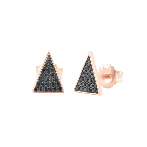 Rose Gold Plated Sterling Silver Black Cz Triangle Stud Earrings