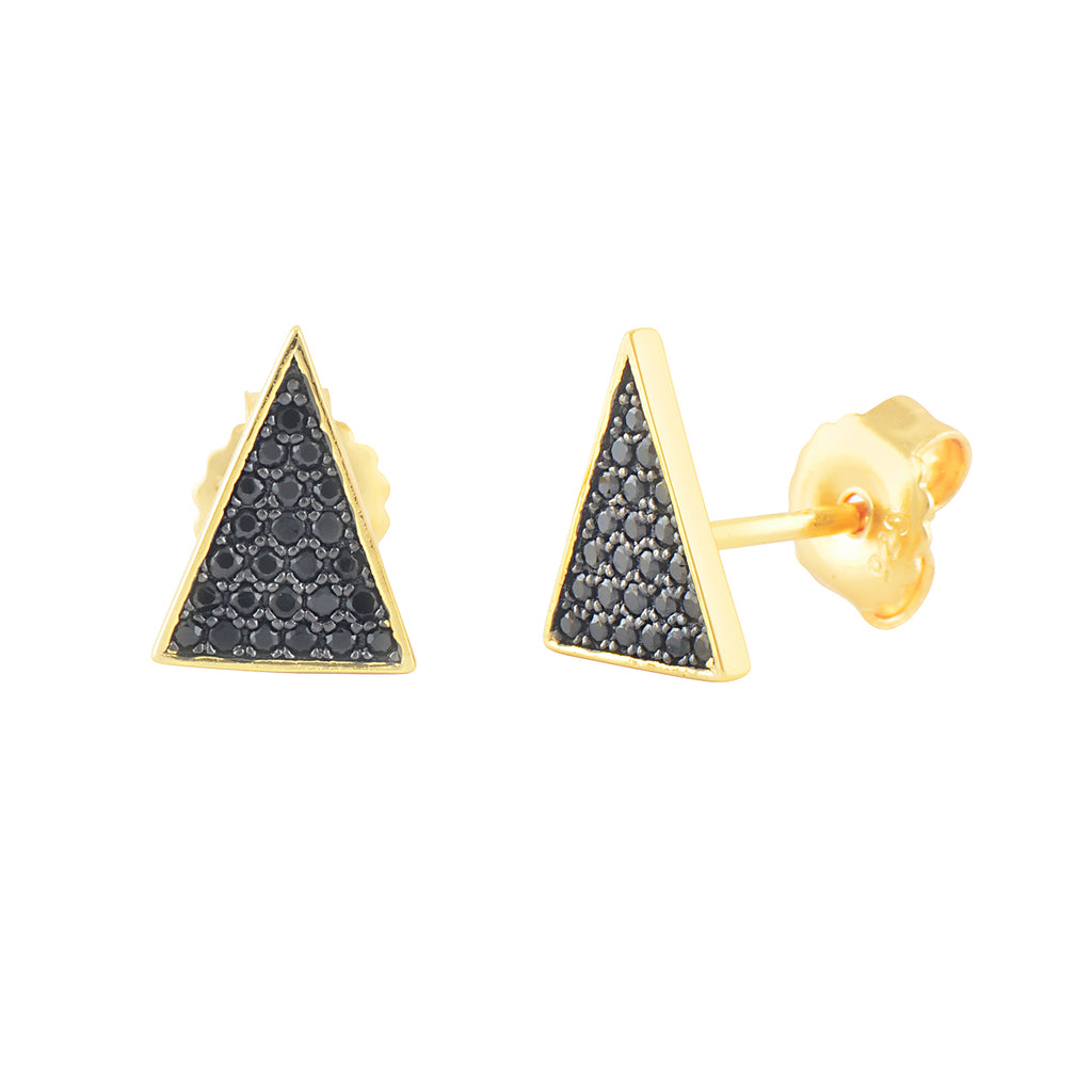 Yellow Gold Plated Sterling Silver Black Cz Triangle Stud Earrings