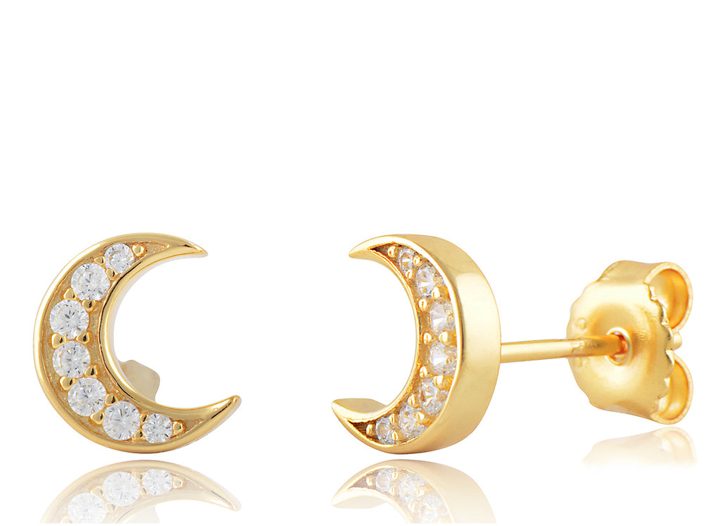 Yellow Gold Plated Silver Cz Crescent Moon Stud Earrings