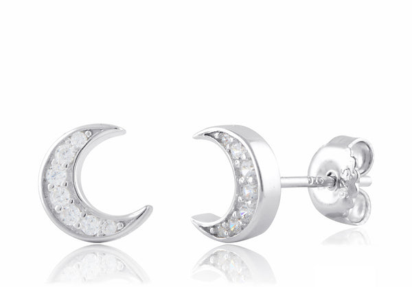 Sterling Silver Cz Crescent Moon Stud Earrings