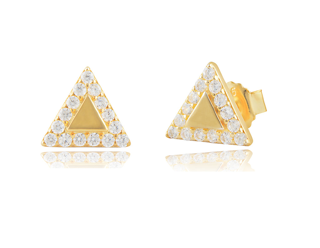 Yellow Gold Tone Sterling Silver Cz Triangle Stud Earrings