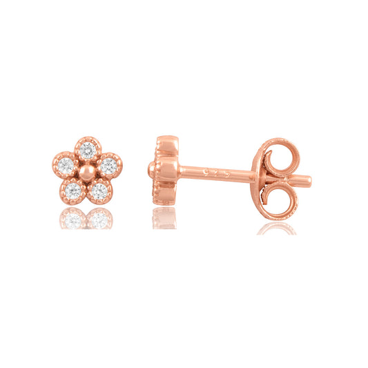 Rose Gold Vermeil Sterling Silver Ladies Tiny Flower Cz Stud Earrings