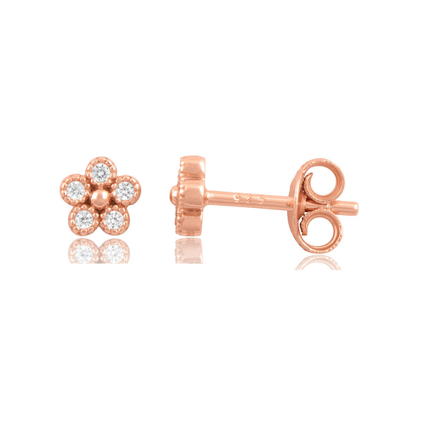 Rose Gold Plated Sterling Silver Cz Tiny Flower Stud Earrings
