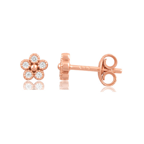 Rose Gold Plated Sterling Silver Cz Tiny Flower Stud Earrings