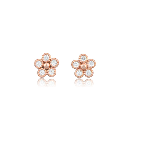 Rose Gold Plated Sterling Silver Cz Tiny Flower Stud Earrings